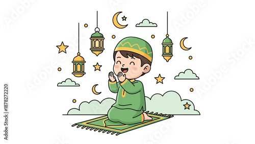 Joyful child praying on rug surrounded by hanging lanterns and celestial