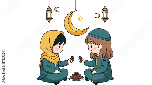 Charming cartoon of two children sharing cookies under moonlit night with