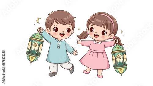 Adorable cartoon children holding lanterns Celebrating a festive night scene