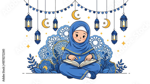 Serene young girl in blue hijab reading surrounded by moon and lanterns during