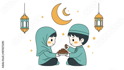 Children Sharing Cookies Under Night Sky with Crescent Moon and Lanterns