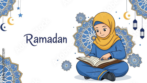 Ramadan celebration with a young girl reading Quran surrounded by Islamic
