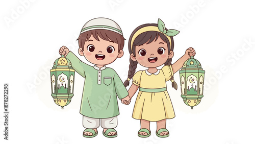 Joyful children holding lanterns during cultural celebration with bright