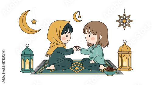 Adorable illustrated scene of two children sharing a moment on a prayer rug