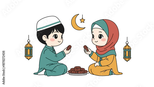Adorable Islamic Children Sharing Dates During Ramadan Night Scene