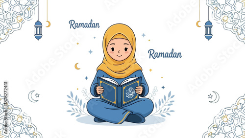 Adorable Muslim girl in yellow hijab reading Quran during Ramadan celebration