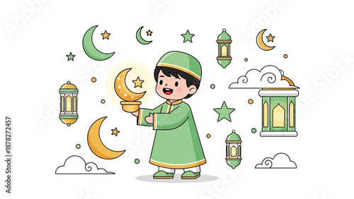Adorable Cartoon Child in traditional attire holding a crescent moon with