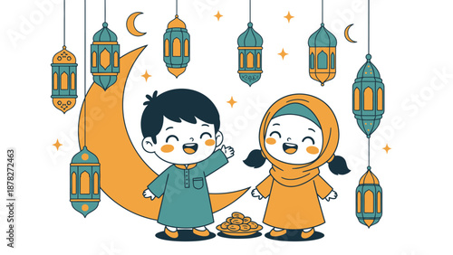 Joyful children celebrating Ramadan with lanterns and moon above