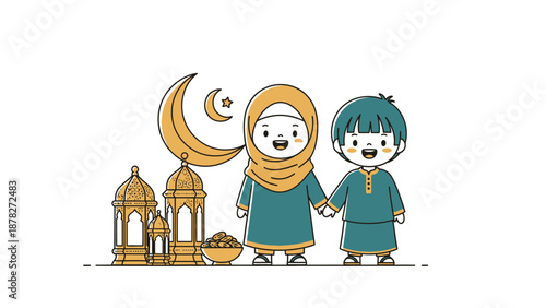 Adorable Child and Woman Wearing Traditional Attire Celebrating Ramadan with