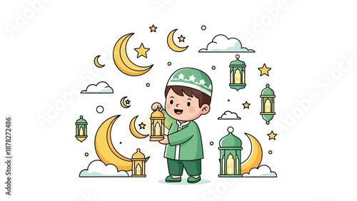 Cute child holding a lantern amid celestial moons and lanterns for Ramadan