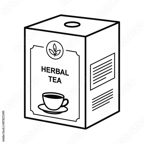 Black and white illustration of a tea box with a cup on the label