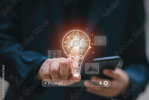 Businessman holding a glowing AI light bulb with digital prompt interface, generative AI ,symbolizing artificial intelligence innovation, prompt engineering,and creative technology solutions.