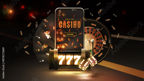 A casino scene with a slot machine and a roulette wheel. The slot machine has the number 777 on it