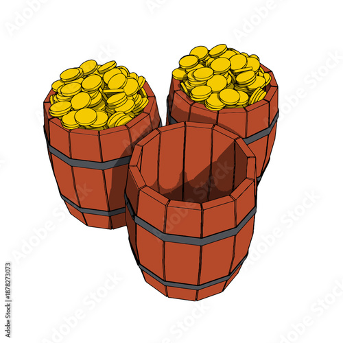 Two Wooden Old Vintage filled by Gold Coins and One Opened Empty Barrels. Vector Illustration.
