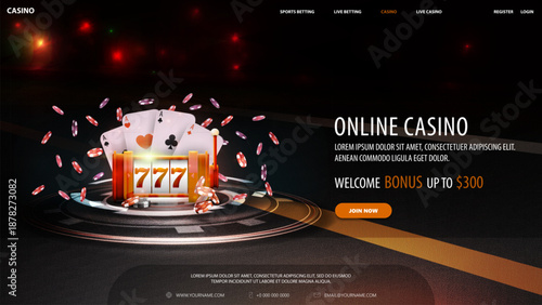 The website is for an online casino that offers a slot machine and a welcome bonus. The slot machine is designed to look like a real casino machine, with a spinning reels and a payline