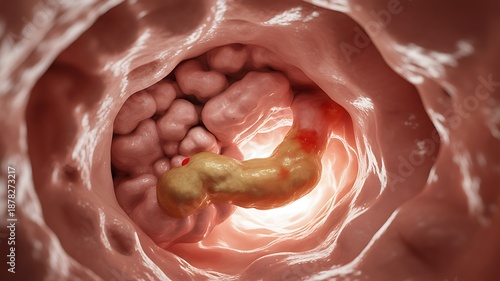 Pathological view of the large intestine displaying several small polyps and a prominent lesion