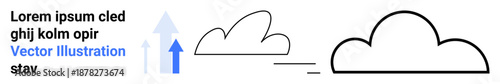 Data storage, weather forecasting, app development, cloud computing, technology, progress. Minimalist cloud and arrow icons. Cloud computing and technology concepts visually