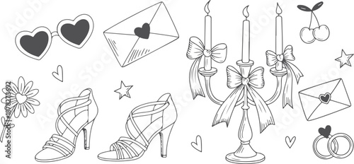 Wedding fashion accessories set with high heels rings and love letters