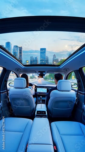 Couple enjoys a scenic drive through a modern city skyline at dusk with panoramic sunroof