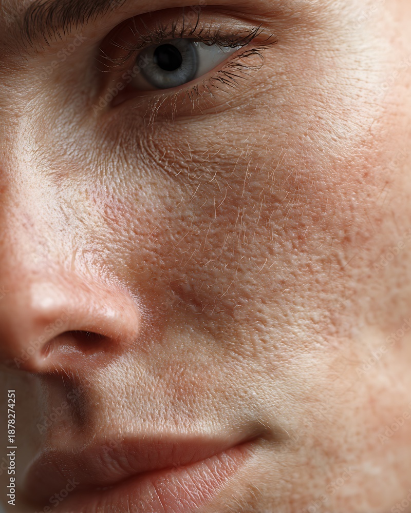 Fototapeta premium Macro image of facial skin with post-acne scars and uneven texture on white background