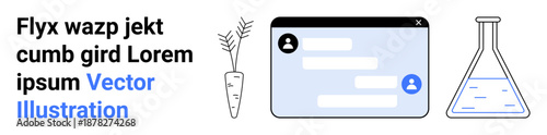 Communication, digital interaction, research, biotechnology, modern user interface, data analysis. Messaging platform with avatars, science flask with liquid minimalist plant. Communication