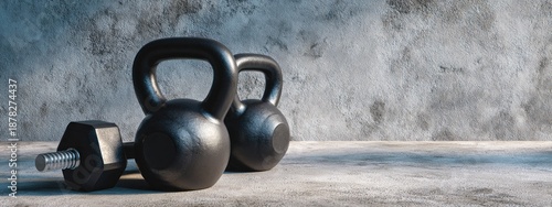 Black kettlebell and dumbbell weights on a concrete floor.