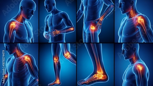 Various anatomical views show a male human figure with highlighted painful or inflamed joints