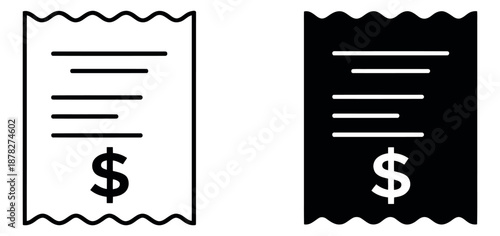 Line art and solid icon receipt set featuring a dollar sign and itemized lines for online shopping and financial transactions