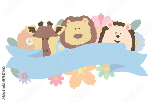 ふんわり春色 卒園・入園シリーズ｜文字入れしやすい 動物とお花のイラストカット / Animal & Flower Banner Illustration for Graduation