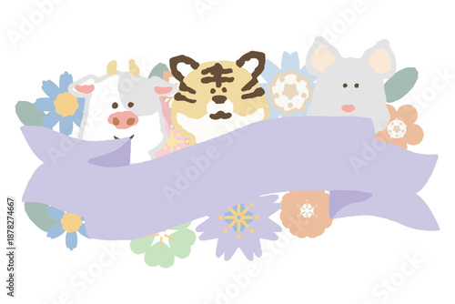 ふんわり春色 卒園・入園シリーズ｜文字入れしやすい 動物とお花のイラストカット / Animal & Flower Banner Illustration for Graduation