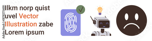 Identity verification, technology, AI, security, emotions, innovation. Fingerprint icon, smiling robot with lightbulb sad emotion. Identity verification and technology clearly