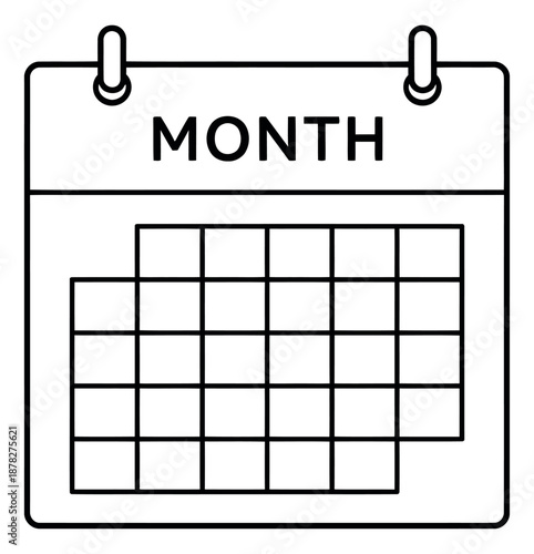 Line art illustration of a calendar depicting a monthly grid for planning and scheduling