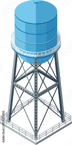 Billede på lærred Isometric illustration of a tall blue elevated water tower with a gray metal sup