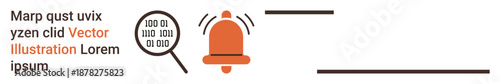 Data analysis, notifications, digital alerts, information search, technology solutions, text graphics. A magnifying glass with binary code and a bell symbol. Data analysis and notifications concept