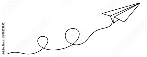 Minimalist hand drawn line art illustration of a paper airplane depicting flying with a looping trail for creative communication and travel concepts