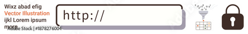 Online security, data encryption, web authentication, safe browsing, cybersecurity, internet privacy. URL address bar, lock icon CAPTCHA system data funnel process. Online security and data