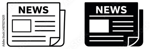 Line art and solid style newspaper icon set featuring a news headline and article layout for journalism and media