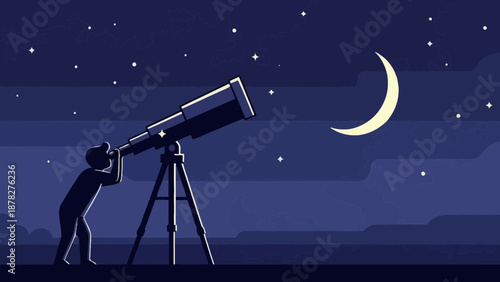 Silhouette of an explorer observing the starry night sky with a crescent moon through a telescope, concept for educational content, scientific discovery and future vision
