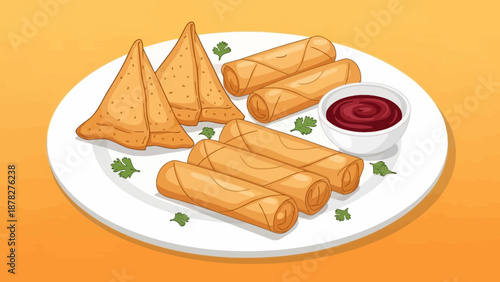 Cartoon illustration of crispy samosas and spring rolls served with red dipping sauce on a white plate, concept for restaurant menu design, food blog content and cultural cuisine promotion
