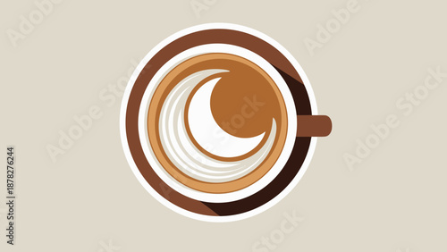 Overhead view of coffee cup with crescent moon latte art on a minimalist beige background, concept for café menu design, breakfast promotions and morning routine visuals