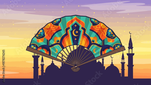 Ornate hand fan with Islamic patterns and crescent moon against a colorful twilight sky and mosque silhouettes, concept for Ramadan, Eid al-Fitr and cultural event design