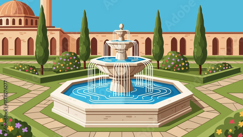 Vector art of a formal garden with a multi-tiered fountain, cypress trees, flowers and classical architecture, concept for serene travel, heritage design and tranquil imagery
