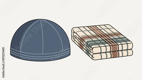 Vector illustration of a traditional blue-grey kufi prayer cap and a folded plaid Islamic prayer mat, concept for Islamic lifestyle, religious education and cultural representation