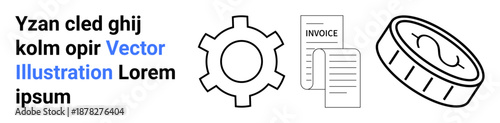 Gear, detailed invoice, and coin create a visual link between business operation, productivity, and financial management. Ideal for workflow, transactions, accounting, automation finance economy