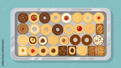 A metal tray filled with assorted colorful cookies and biscuits, featuring various shapes and delicious toppings, concept for bakery menu design, holiday dessert display and sweet snack promotion