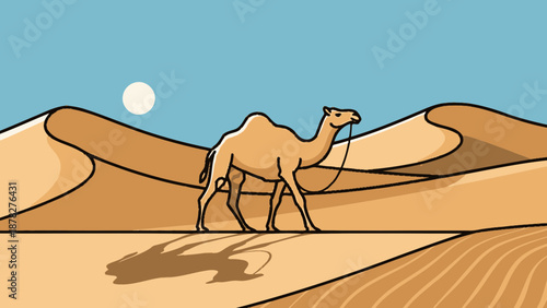 Stylized camel walking across sandy desert dunes under a blue sky with the sun, casting a distinct shadow, concept for desert travel, ecological studies and exotic adventures
