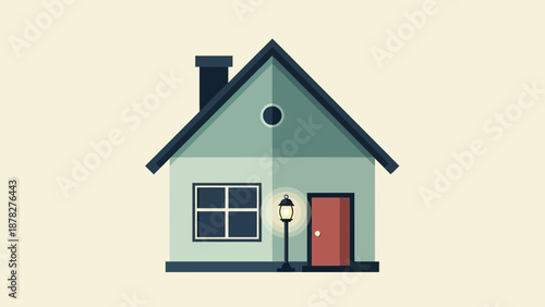 Flat design illustration of a pastel green house with dark roof, red door, glowing lamp and window, concept for real estate marketing, housing development and family home