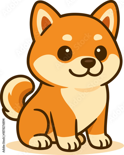 Cute cartoon shiba inu dog sitting and smiling, warm colors and flat vector style, perfect for stickers, pet designs, children illustrations, and branding.