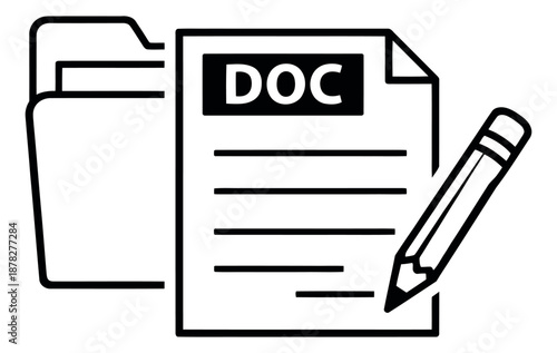 Line art illustration of a document, folder, and pencil depicting file management for office administration