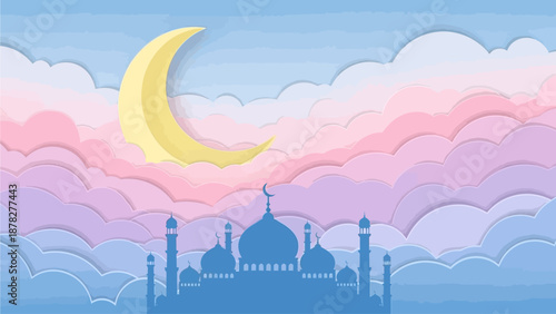 Dreamy 3D Paper Cut Islamic Sky Background with Pastel Clouds, Big Crescent Moon, and Mosque Silhouette Vector